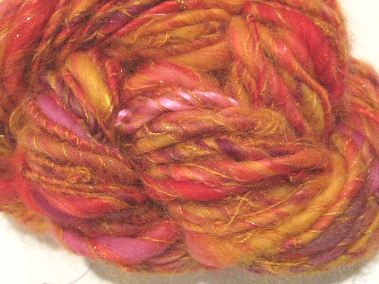 handspun art yarn Turn Up The Heat 50 yds thick and thin red orange pink yellow thread plied yarn, knitting supplies crochet supplies
