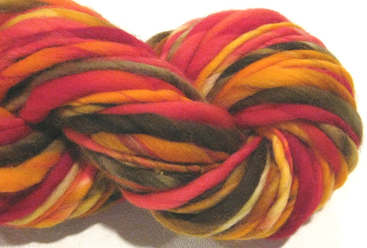 Handspun Yarn Maple 60 yds red orange gold brown autumn hand dyed merino wool waldorf doll hair knitting supplies