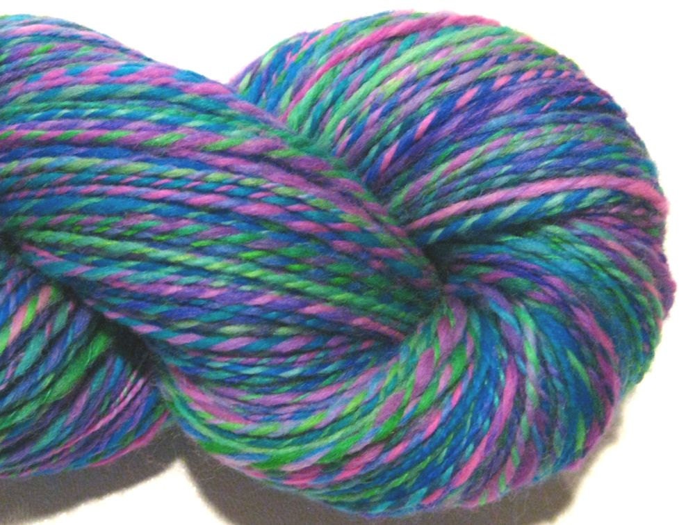 MEGA-SKEIN Handspun yarn Hodgepodge 448 yards, DK weight 2 ply, hand dyed falkland wool top fuschia turquoise green violet  yarn