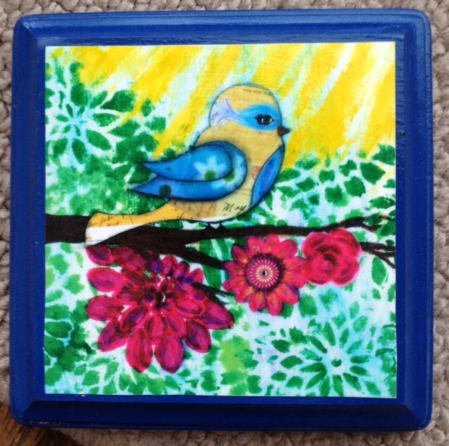 Bird Flowers Sunshine, Art Print on 5x5 Wood Plaque, Summer, Spring, Cheerful, Mother's Day Gift