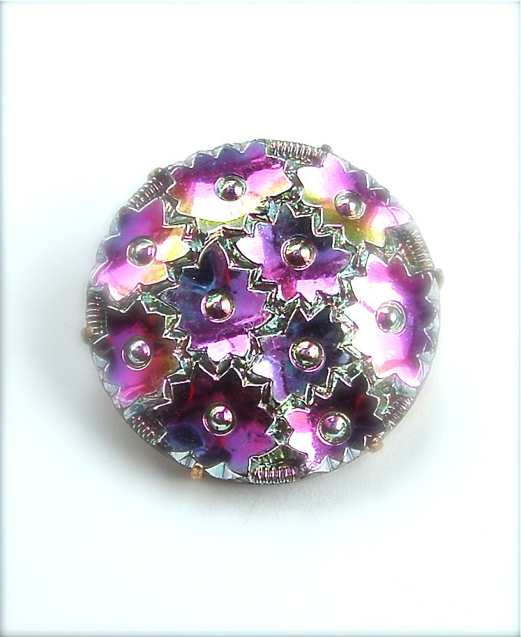 Vintage Fab Circle Brooch Metallic West Germany Mod Psychedelic Pink Purple Jewelry, Free US Shipping