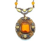 Art Deco Necklace Topaz Glass Necklace Filigree Enamel Antique Jewelry, FREE US SHIPPING