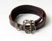 Brown Leather Bracelet Wrap Bracelet Leather Cuff  with Flower Toggle Clasp