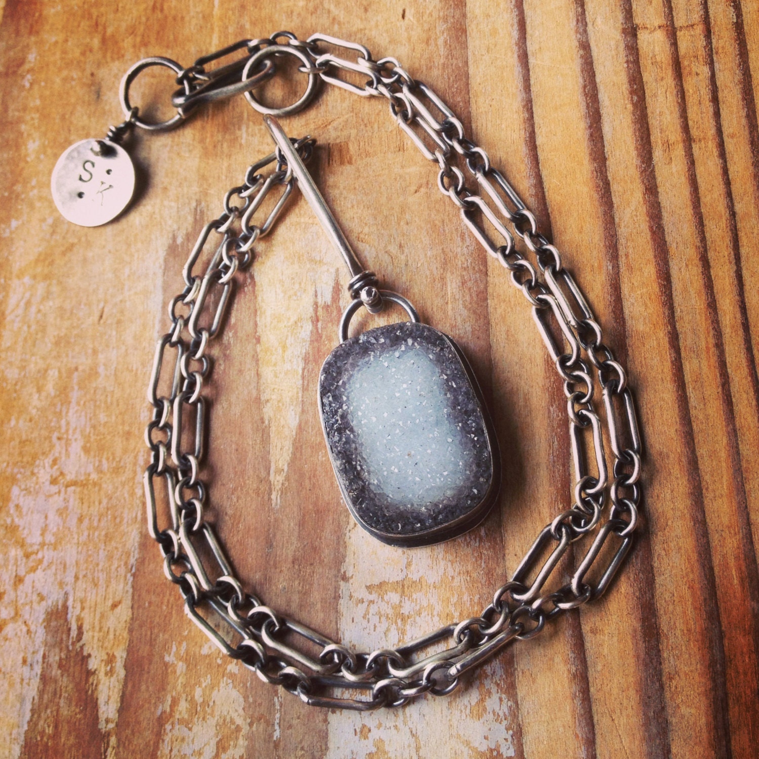 Black Drusy Necklace-Sterling Silver Necklace-Rustic Silver Necklace with Black Drusy