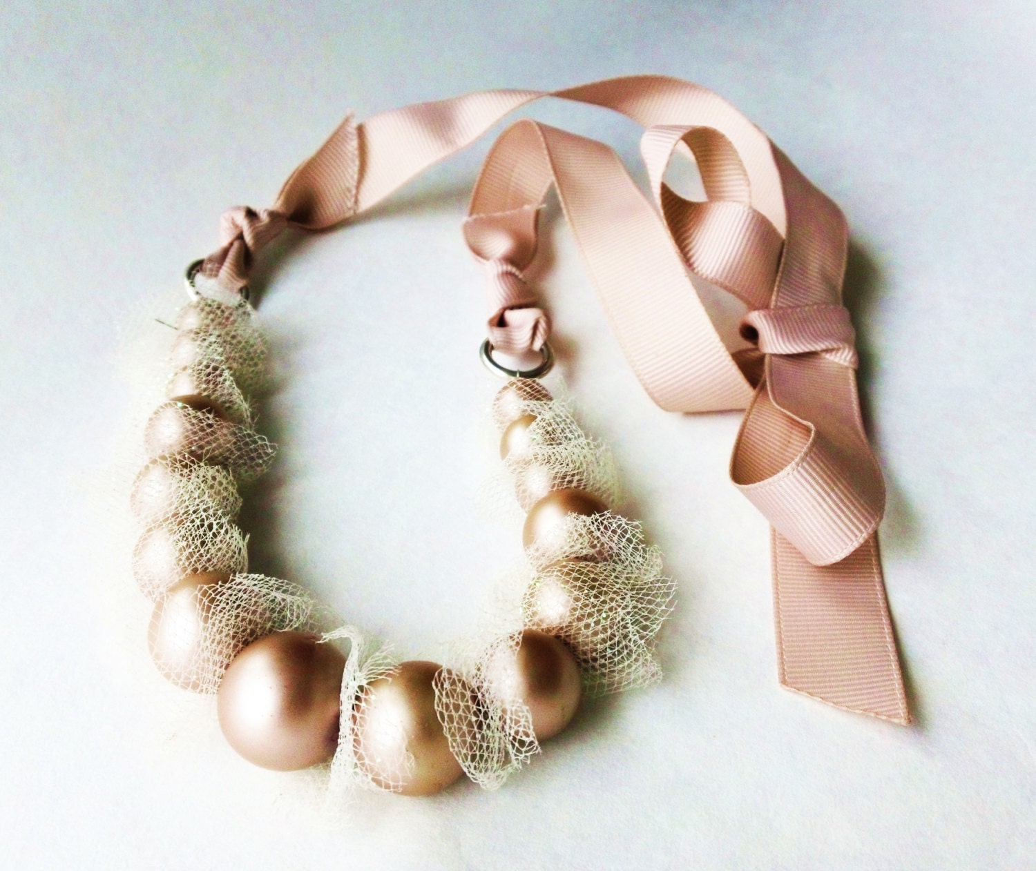 Large Flesh Colored Beaded Pearl Statement Necklace - Sparkle Cream Tulle and Ribbon Tie- Adjustable 24"