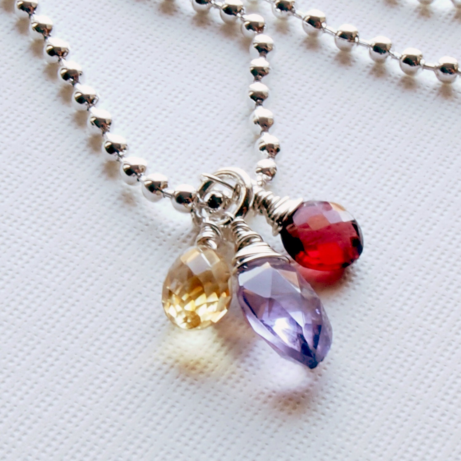 Amethyst Garnet Citrine 16 Inch Sterling Silver Necklace. For Her. January Birthstone Gift. February Birthday.