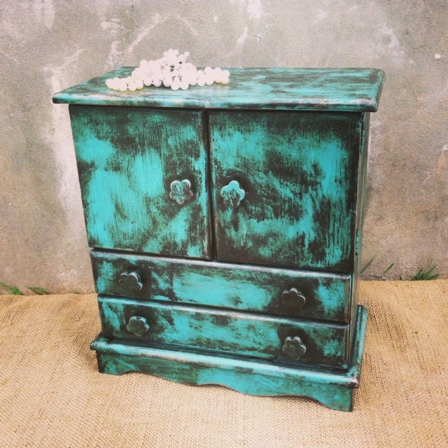 Sumptuous Seafoam - Upcycled - Vintage Wooden - WARDROBE Jewelry Box - Drawers - Boho CHIC