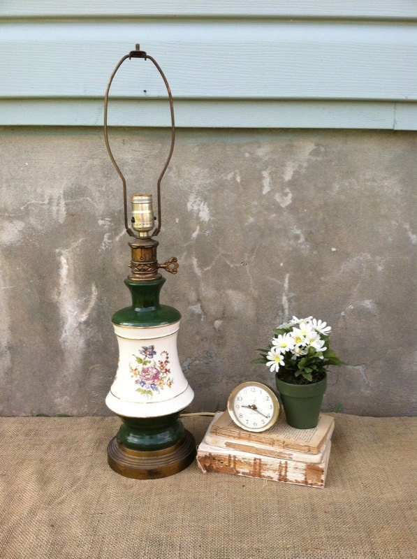 Vintage - Green Floral - Brass Table Lamp - Hand Painted - Prairie Cottage Farmhouse Chic - Rustic CHIC