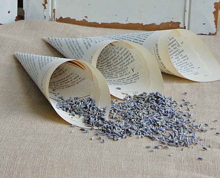 Vintage French Book Paper Cones  / Wedding Petal Toss / Vintage Wedding  / Set of  25
