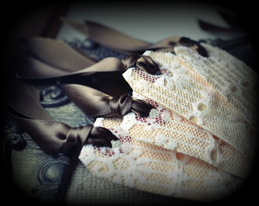 6x Tea Stained Manila Tags With Lace and Brown Ribbon - Coffee Stained - Vintage Looking - Shabby Chic