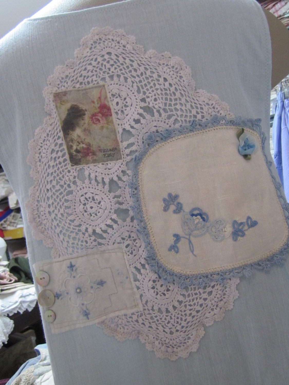 Vintage Kitty.. beautiful grungy hand dyed muslin tunic dress.. sky blue.. doilies, lace, roses.. MOTHER OF PEARL buttons.. Med/xl