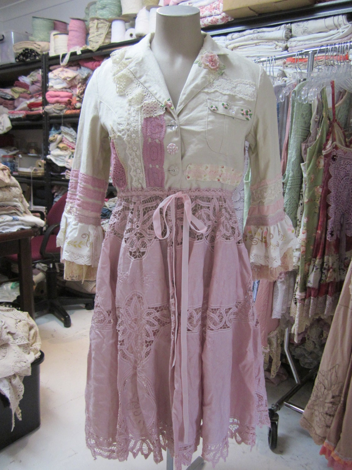 Vintage Kitty romance... battenburg, hand dyed, lace, roses, crochet, dreamy ecru and dusky pink coat..Med/Lge