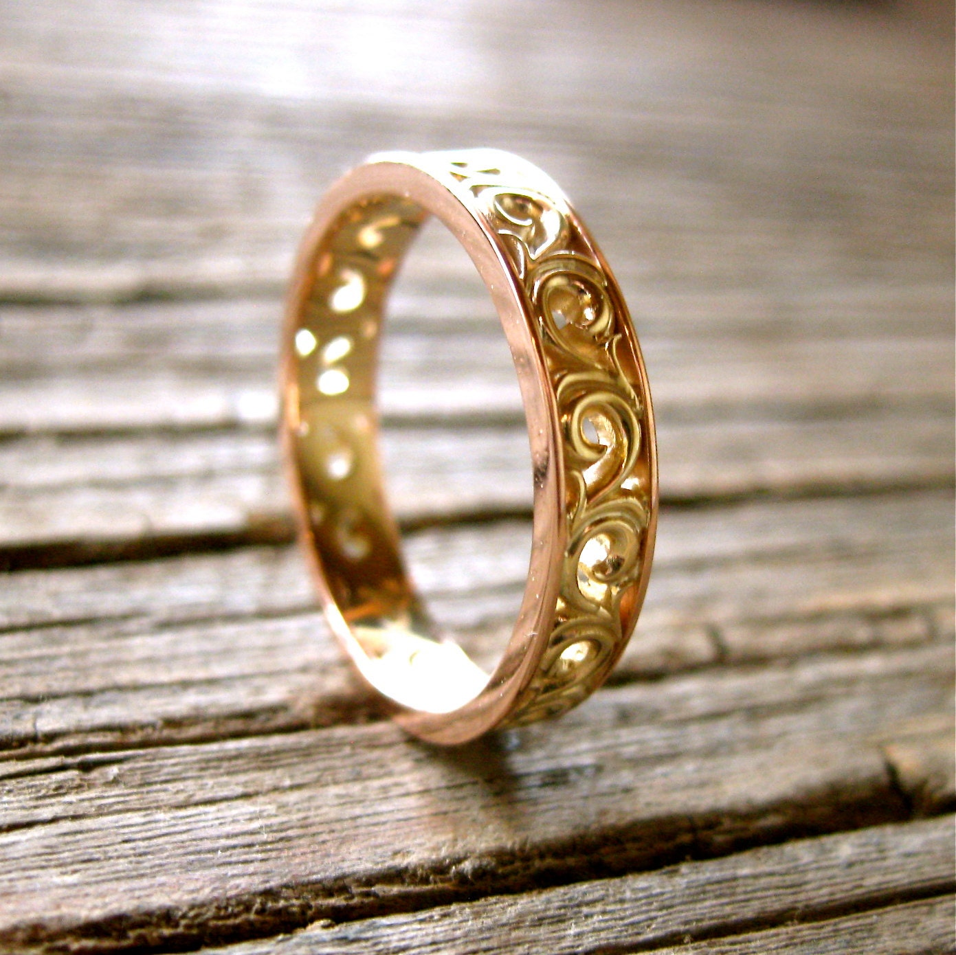 Made to Order Wedding Ring with Scroll Work in Two Tone 14K Yellow & 14K Rose Gold Size 7/4mm