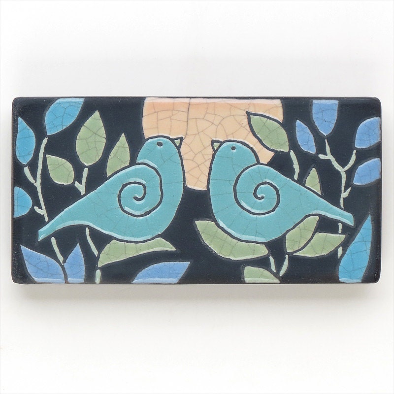 Two birds ,Ceramic tile,handmade 3x6 raku fired art tile, wall art, home decor