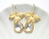 Gold Bridesmaid Earrings - Gold Orchid Flower Earrings - Crystal Clear Earrings - Bohemian Earrings - Gift for Her - Wedding