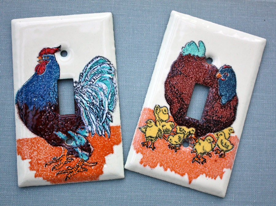Hand Painted Enamel Switch plate FoLK ART  . Rooster.  Hen . Chicks .