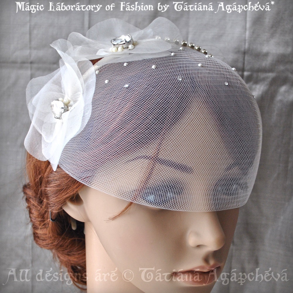 Veil Headband Silk Organza Flowers, Swarovski, Pearls, rhinestones, Ivory Wedding, READY TO SHIP 2013, TianaCHE