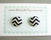 fabric covered button earrings in navy blue chevron print