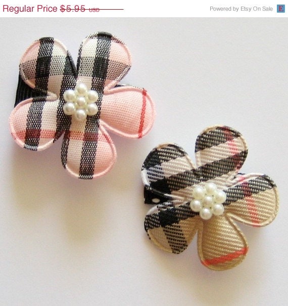 MEMORIAL DAY SALE Baby Hair Bow Clips - Pair of Plaid Flowers with Cluster of Pearls - Baby Snap Clips - Babies, Infants, Toddlers, Girls