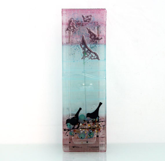 Fused glass vase, light blue & Purple landscape