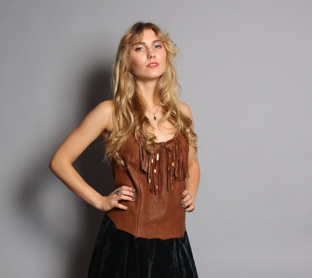 70s FRINGE LEATHER HALTER / Backless Beaded Hippie Top