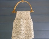 Macrame Bag Purse, Ivory Knit Bamboo Handles, Hobo