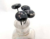 Shiny Button Shaped Ethereal Iridescent Spotted Jet Black Artisan Made Lampwork Headpins-  Set of Four - NuminosityBeads