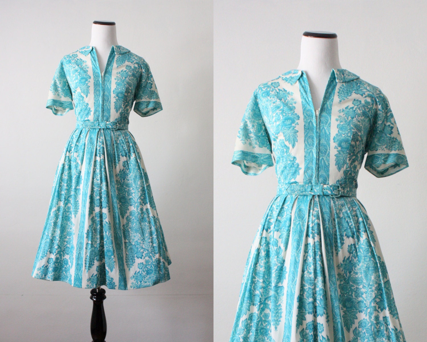 50s dress - 1950's dress - teal floral print dress