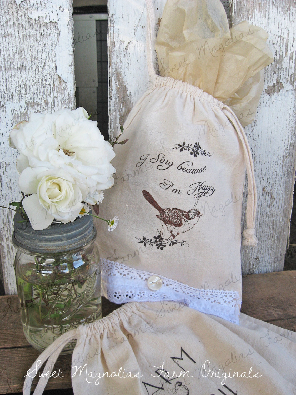 Gift Bag - Ditty Bag - Muslin and Lace - "I Sing Because I'm Happy" Sparrow  Drawstring Shabby Farmhouse Style