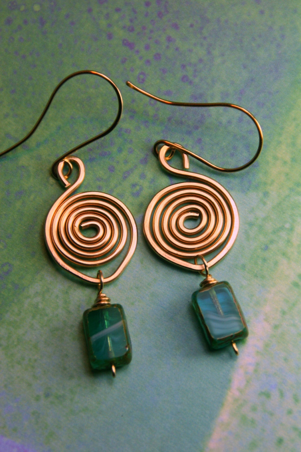 Labyrinth Style Hammered NuGold Swirls with Czech Glass Bead Dangles - Earrings