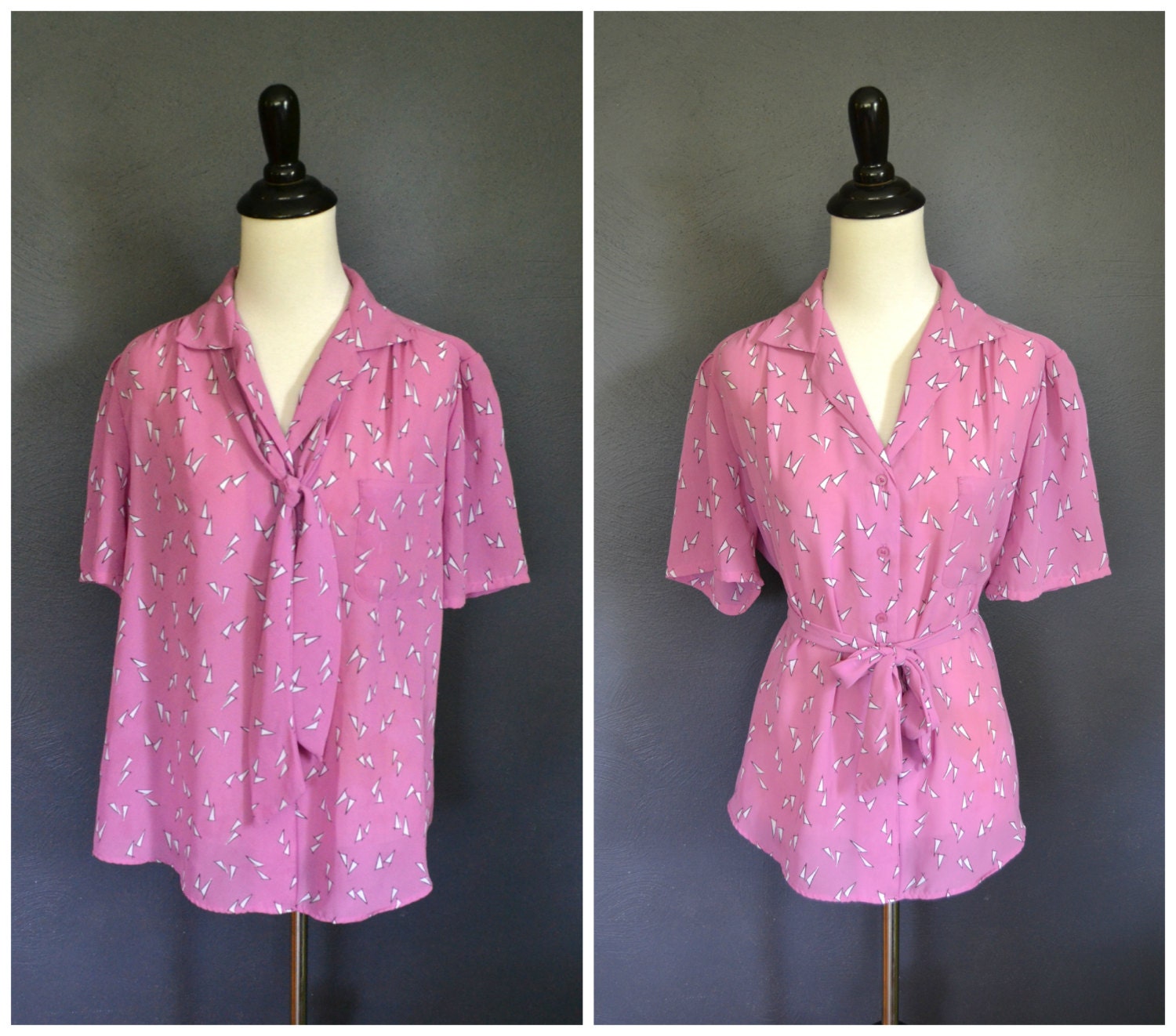 1980s Geometric Print Blouse / Pink Button Up with Neck Tie or Waist Tie / size large
