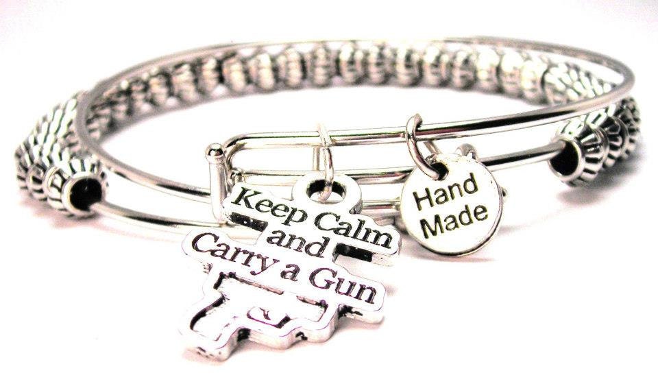 Keep Calm And Carry A Gun Two Expandable  Cuff  Bracelets with beads  Free shipping
