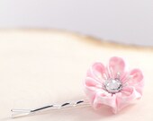 Pink heart bobby pin, pink flower bobby pin, pink hair pin, women, little girl, pink bobby pin, kawaii, shell pink, kanzashi - "Sweetheart"