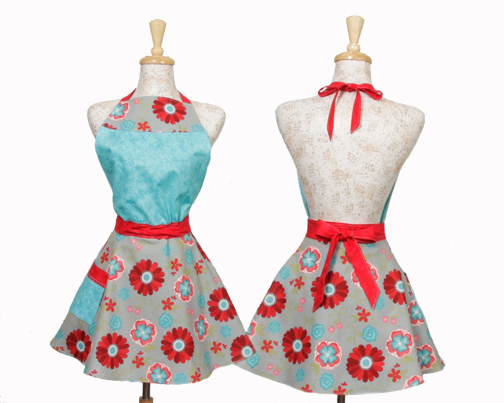 Red Auqa Turquoise Vintage inspired Apron
