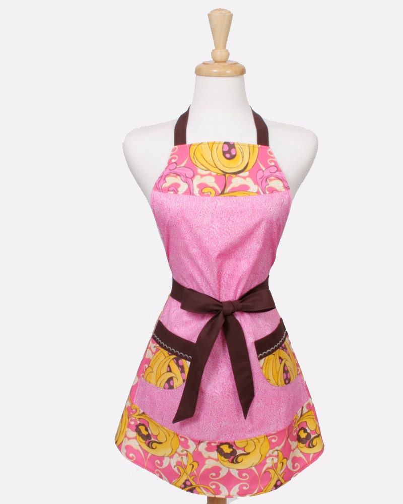 Pink Apron, Huge tulips and polka dots Pink Yellow Brown