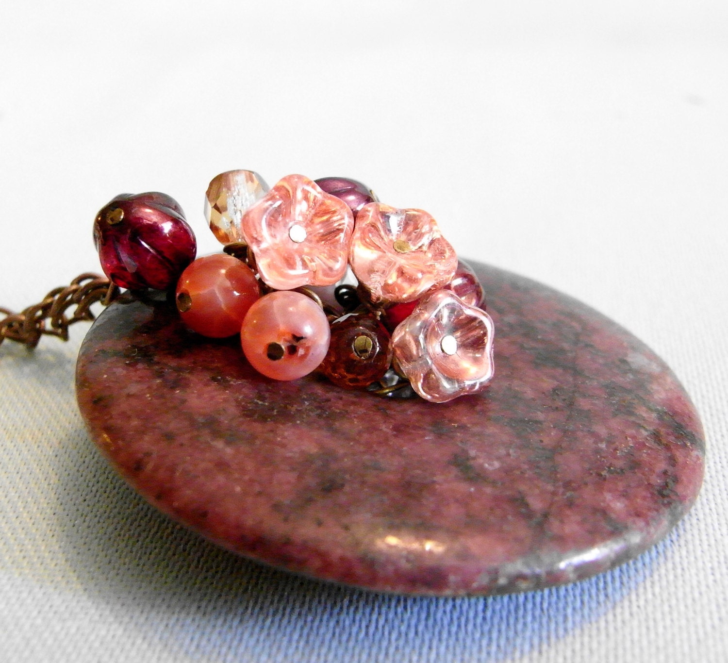 rhodonite pendant, natural gemstone, rhodonite jewelry with fire agate and czech glass flowers