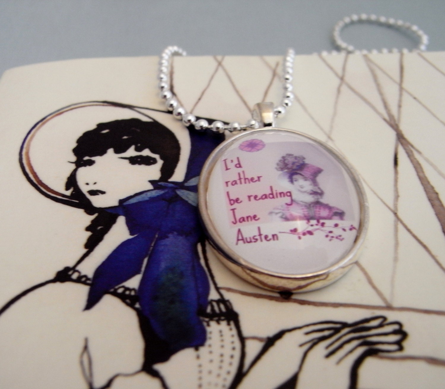 Jane Austen pendant, regency style, I'd Rather Be Reading Jane Austen, bibliophile