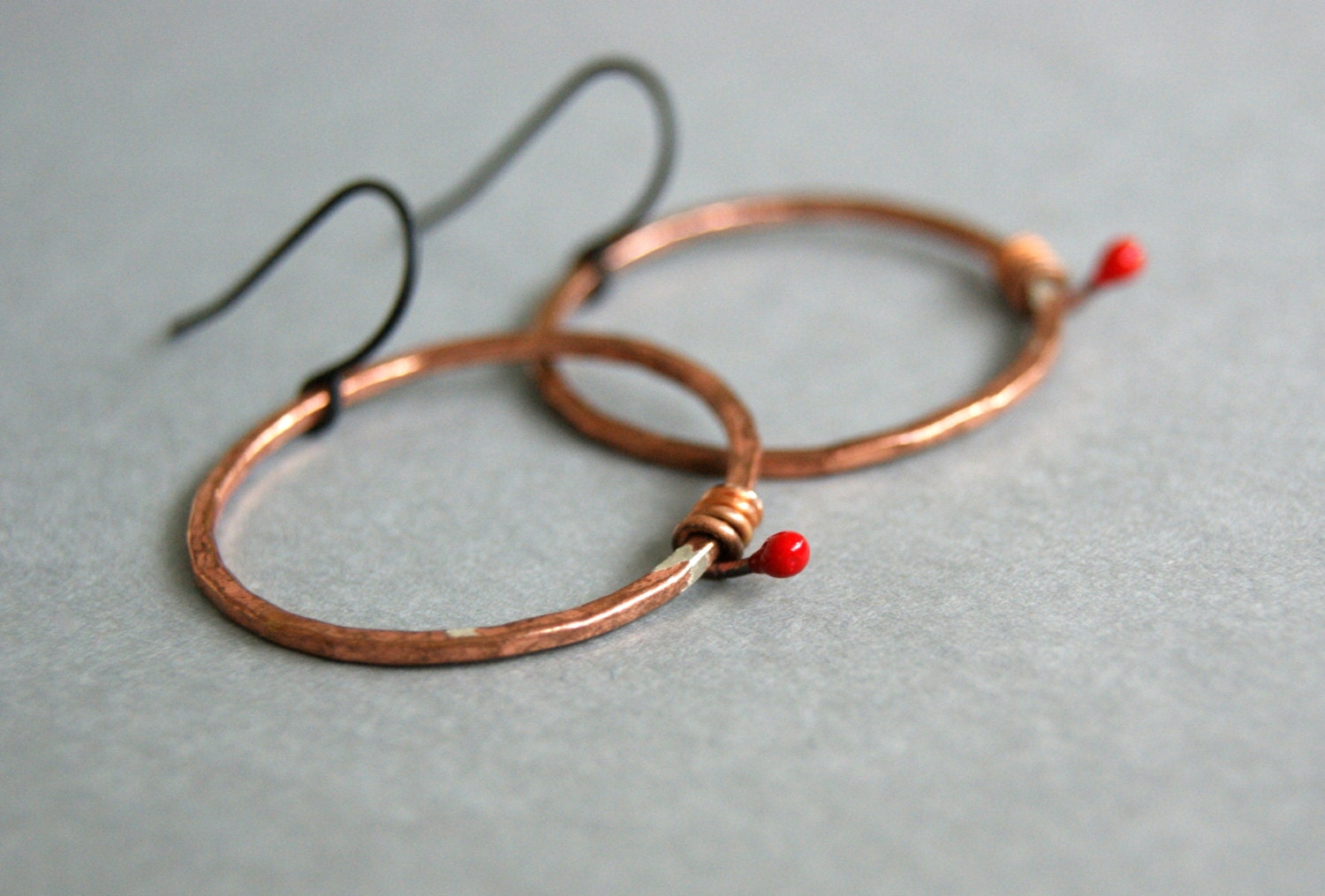 Big O Copper Earrings - Red, Enamel, Black
