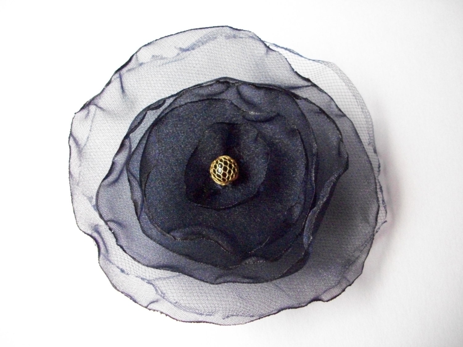 Navy blue organza fabric flower pin, navy flower brooch with vintage bead center and netting