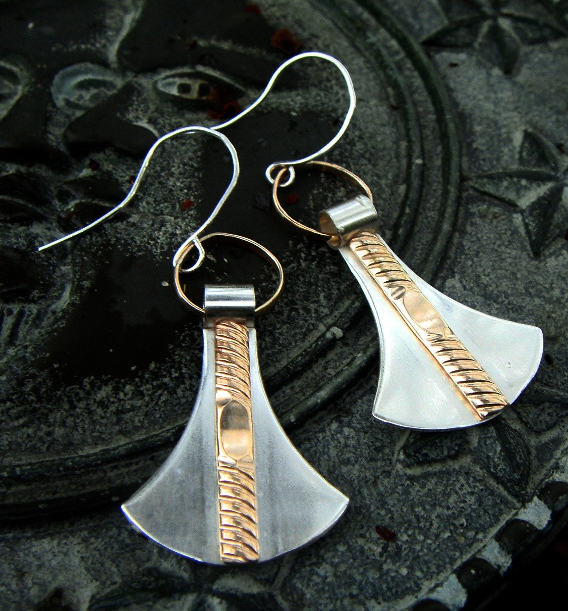 Sterling silver and gold fan earrings, handcrafted artisan jewelry by jewelrybyfrancine on etsy