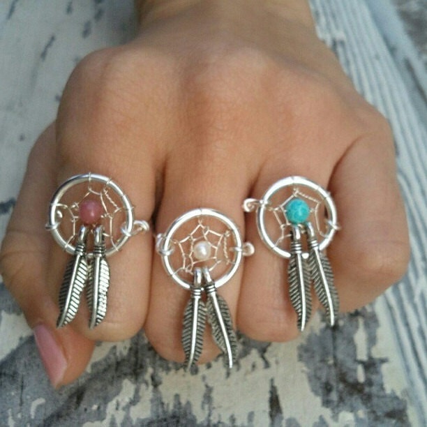 Dream Catcher Two Feather Finger Ring- Double Feather Charm Wire Wrapped Turquoise Pink Pearl Silver Plated Ring Size 4 5 6 7 8 9 10