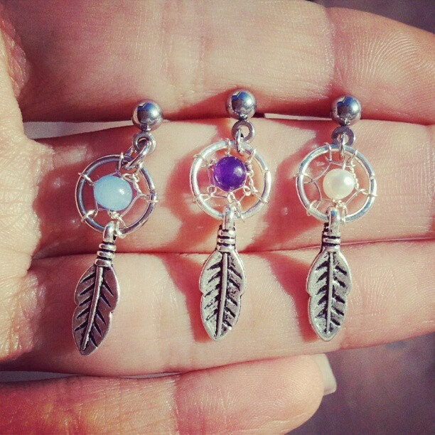 Dream Catcher Tragus Piercing- Feather Charm Dangle Bar Barbell Amethyst Opal Blue Pearl 16g 16 G Gauge Post Stud Earring Ear Jewelry