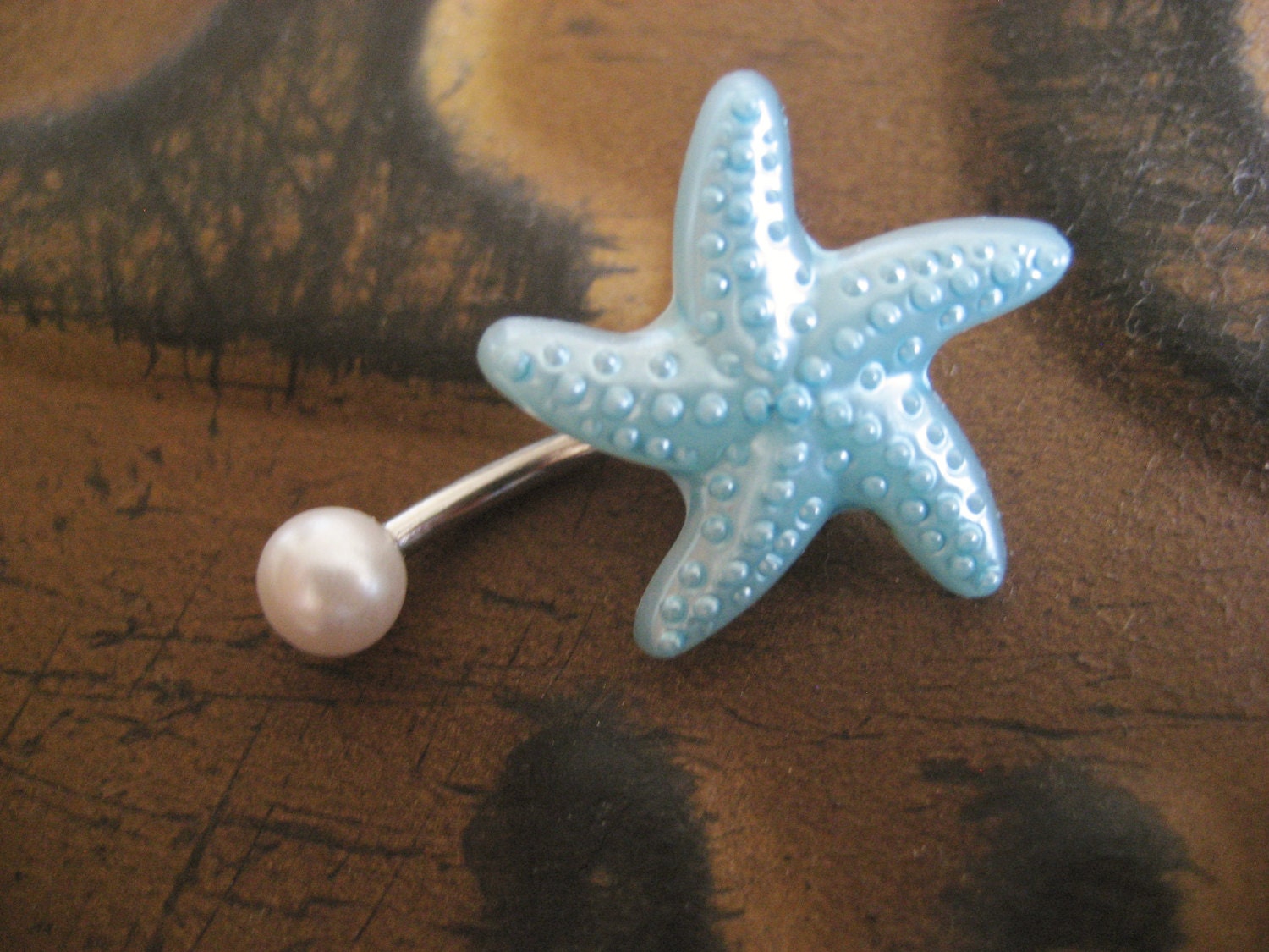 Belly Button Jewelry Ring- Starfish Shell Star Fish Stud Blue Pearl Navel Piercing Bar Barbell