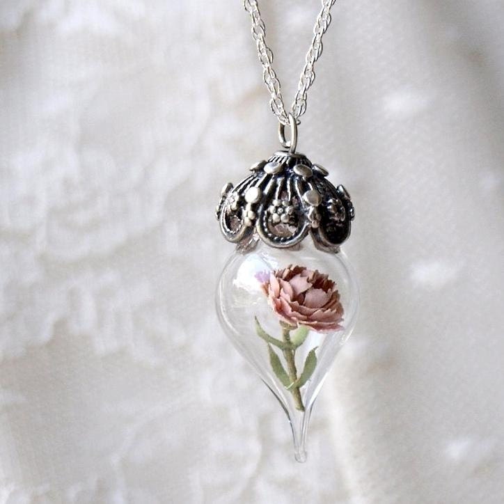 Pink Peony Tiny Flower Terrarium Bridal Wedding Necklace by Woodland Belle