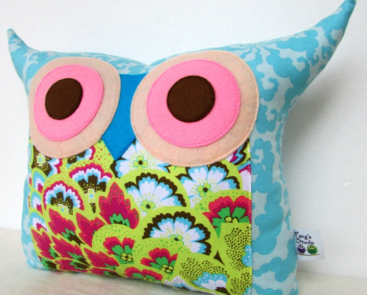 blue/Green /Polyfil Stuffed Soul Blossoms(Aqua) Amy Butler fabric Owl Pillow for baby and home decoration