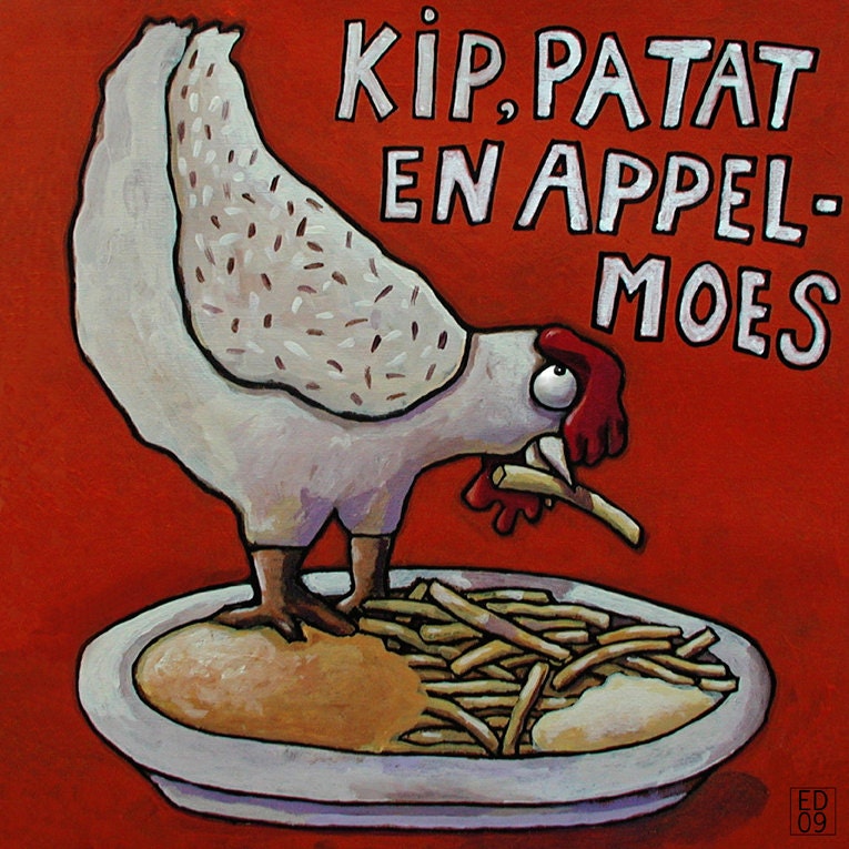 044 - KIP PATAT en APPELMOES - folded art cards - chicken series by ed van der hoek - 15X15cm/6X6inch with envelope