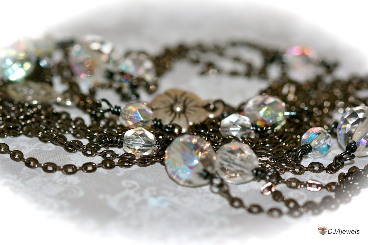 Deco Long Layered Necklace. Gunmetal and Crystal.