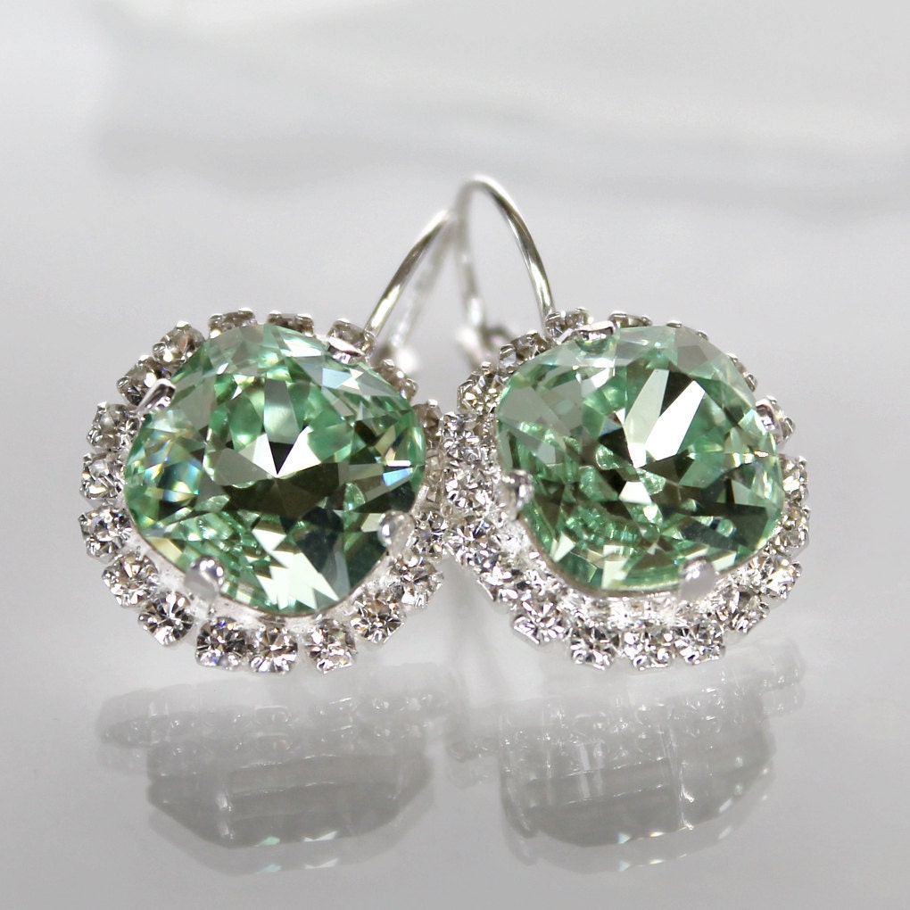 Luminous Pale Green and Clear Swarovski Crystal Leverback Dangle Earrings in Silver