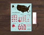 19 x 25 - The United Steaks - Tasty United States Art Print Screenprinted Map on Heavy French Berrylicious Paper