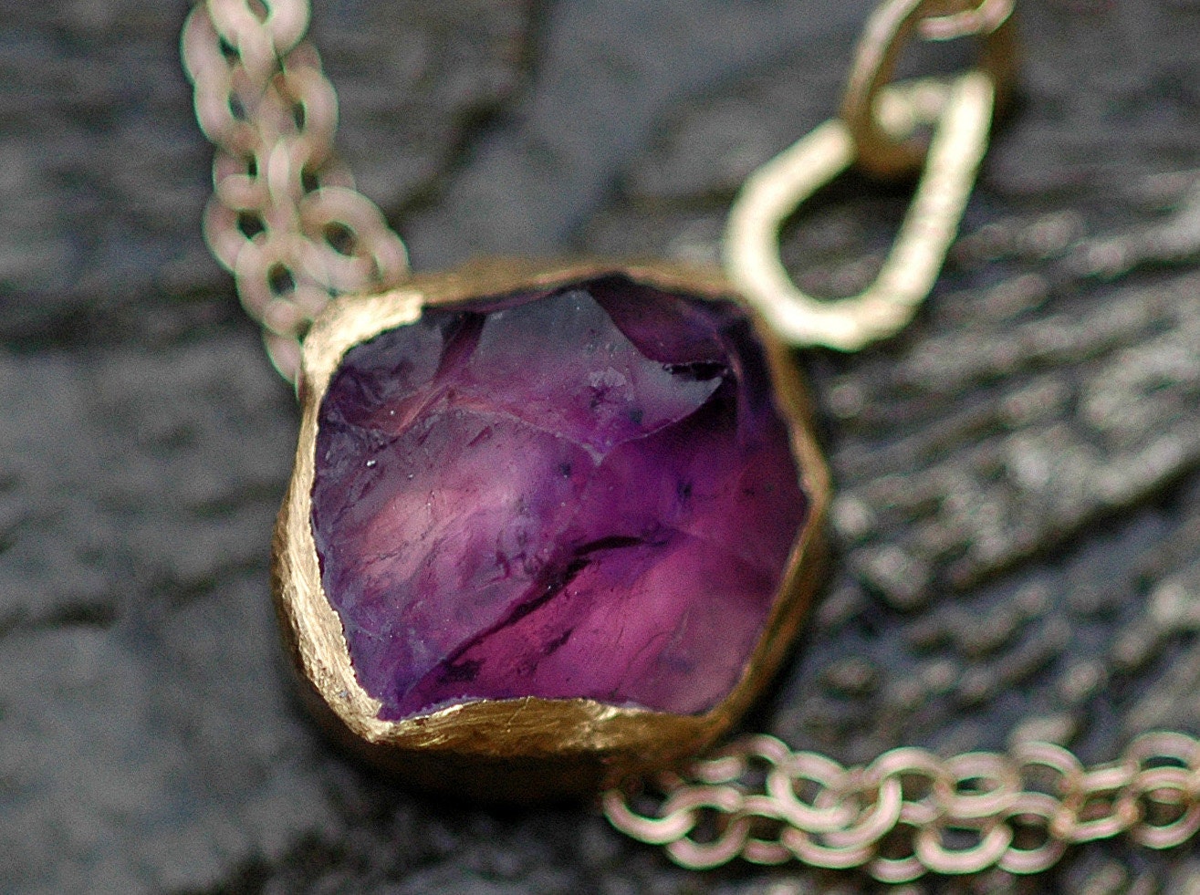 Raw Amethyst  on 22k and 14k Yellow Gold Necklace